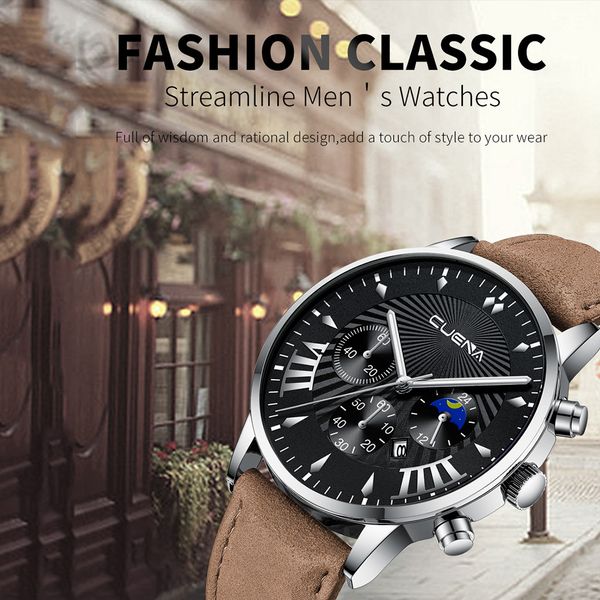 

watch men relogio masculino cuena business leather belt watches three eyes six-piece calendar erkek kol saati quartz wristwatch, Slivery;brown