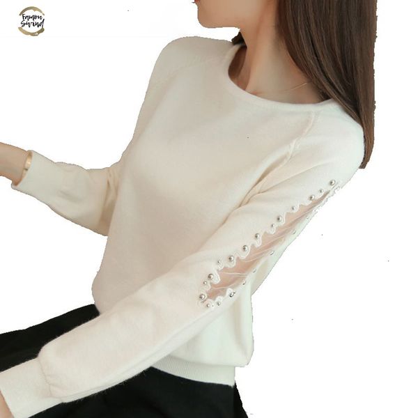 

2019 a loose female short lace beading autumn winter women sweater hedging all match shirt solid pullover knitwear, White;black