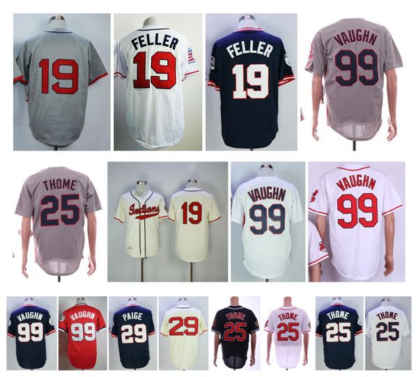

indian 19 bob feller jer ey 25 jim thome 99 ricky vaughn 29 atchel paige white blue red authentic retro ba eball jer ey