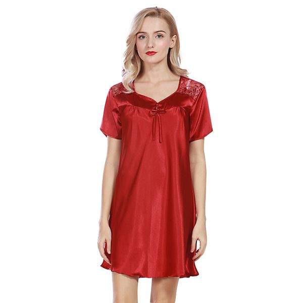 

summer woman silk satin nightdress short sleeve mini home wear dress plus size night dress nightgowns womens pink sleepwear, Black;red