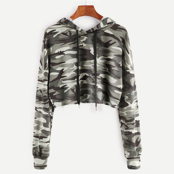 

women's hoodie camouflage printed korean streetwear crop sweatshirt autumn thin hooded drawstring short blouse pullover, Black