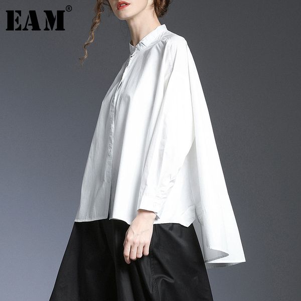 

eam] women back long brief asymmetrical big size blouse new lapel long sleeve loose fit shirt fashion spring autumn 2020 1t417, White