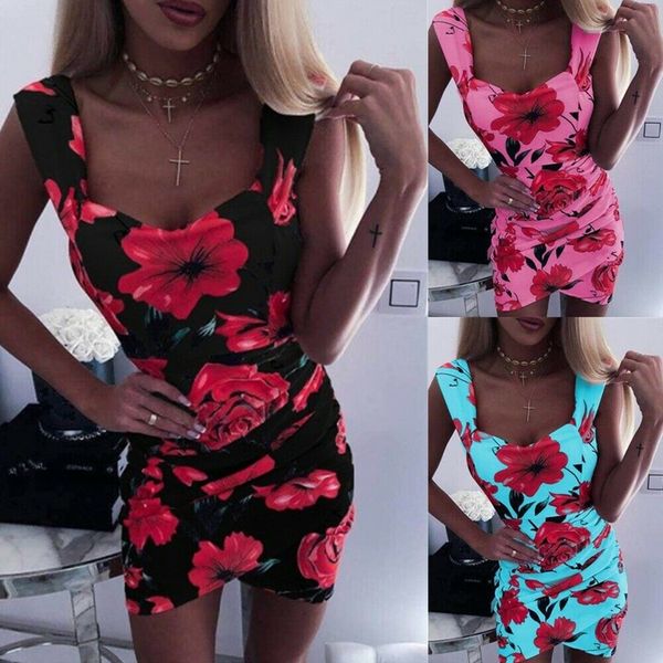 

new style women dresses fashion women print sleeveless summer floral print mini dress bodycon holiday beach sundress 2019, Black;gray