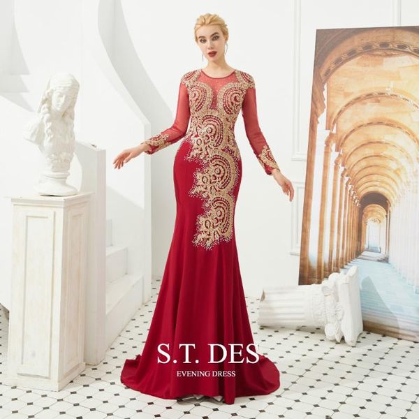 

party dresses 2021 s.t.des bohemia red long sleeves sheer neck sequined embroidery tulle mermaid dress sweep train evening for woman, White;black