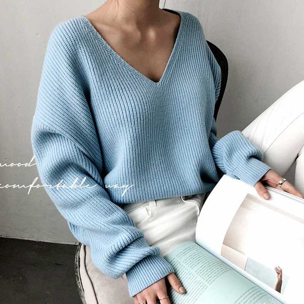 

new spring winter knitting sweaters v-neck minimalist loose korean style knitting casual solid sweaters women 268e, White;black