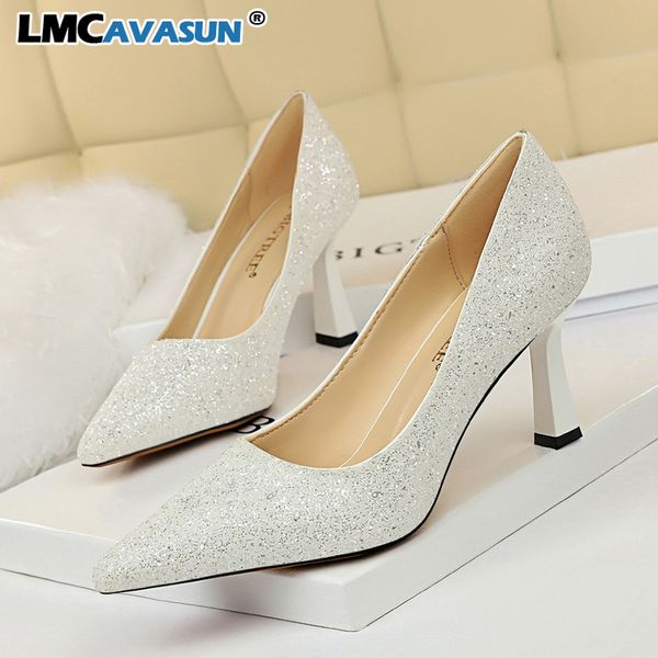

lmcavasun high heels dance club shoes women glitter pump wedding bling fashion pointed toe club female high heel, Black