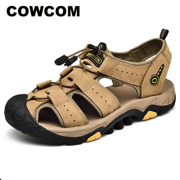 

cowcom women leather sandals cowhide men's shoes summer shoes beach men's sandals hollow-out casual clk, Black