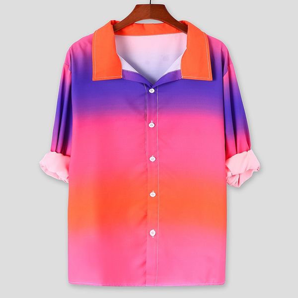 

men shirts europe size mens shirt male casual men's gradient printed stand collar colorful casual long sleeve loose shirt #35, White;black