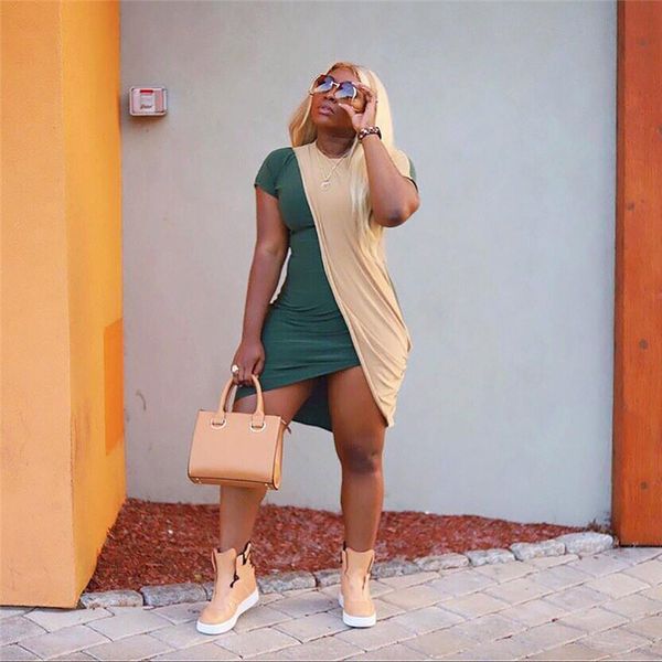 

fashion pure color women dress summer designer female split dresses casual panelled ladies clothing with ruched, Black;gray