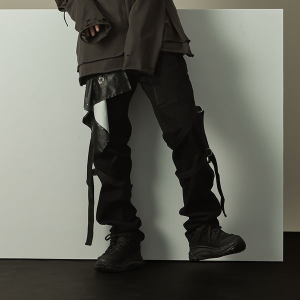 

men's jeans 2021 trendy male functional wind punk trousers personality bandage hip hop, Blue