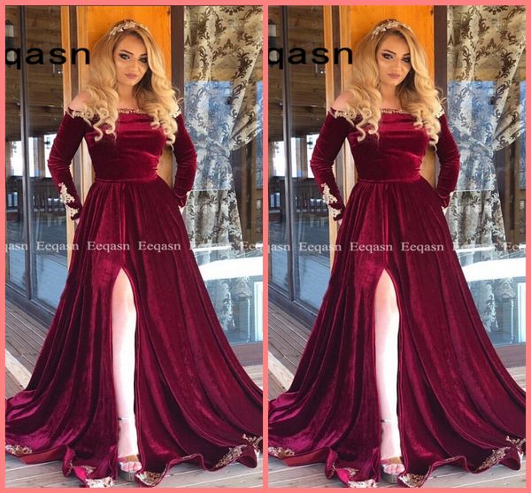 

burgundy velvet long sleeves evening dress 2019 saudi arabic muslim women formal prom gowns dubai kaftan vestidos de festa evening gowns, Black;red