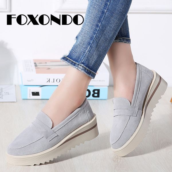 

foxondo 2019 spring new women flats shoes women platform flat shoes leather suede casual slip on flats creepers footwear, Black