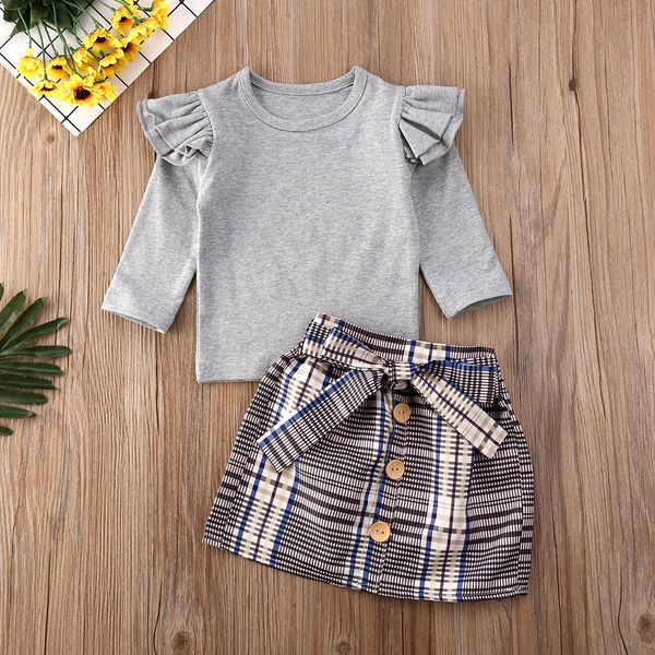 

pudcoco toddler baby girl clothes solid color fly sleeve cotton t-shirt plaids button bowknot mini skirt 2pcs outfits set, White