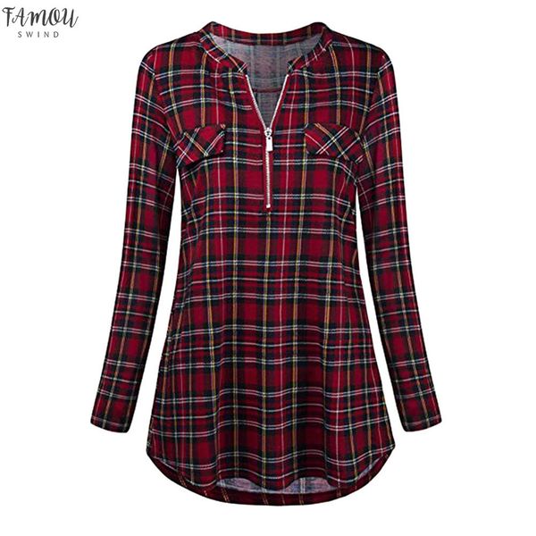 

womens casual rolled sleeve zipped v neck plaid printed shirt tunic blouse harajuku plaid print button shirts feminina 2020, White