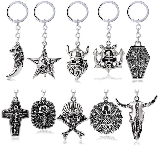 

rock punk keychain backside custom lettering skeleton viking skull key chain anchor keyring holder accessories jewelry gift, Silver