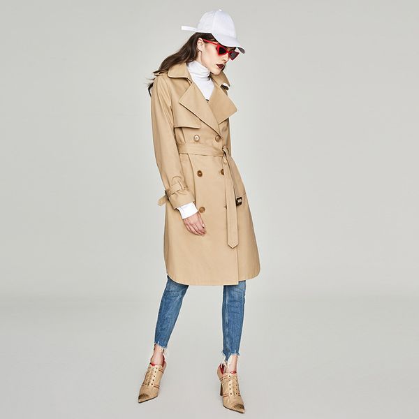 

khaki brown windbreaker women 2019 autumn new loose long windbreaker women's coat adjustable waist pockets long coat woman, Tan;black
