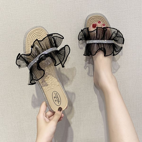 

shoes women low slippers flat slides jelly flip flops pantofle soft glitter 2020 basic crystal rubber pu rome, Black