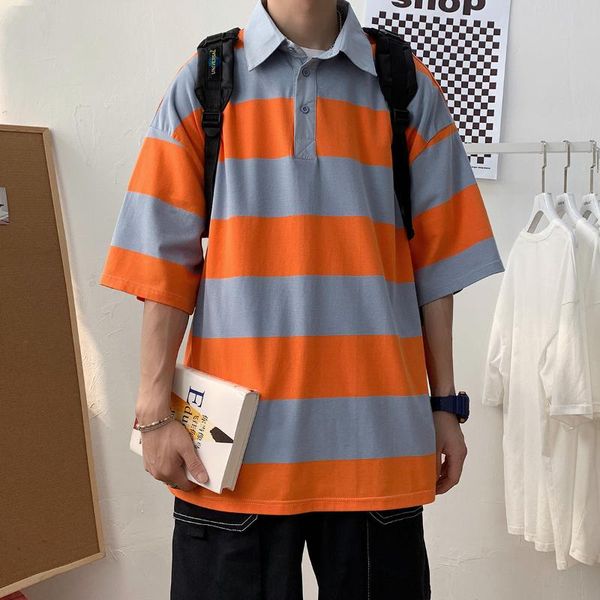 

2020 summer men's fashion striped printing tshirt loose cotton clothes t shirt short-sleeved lapel collar t-shirt size s-2xl, White;black