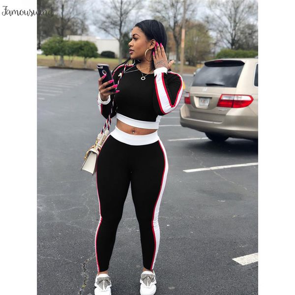 

new style brand fashion set 2 piece casual women solid o neck full long pants bodycon set w8051, White