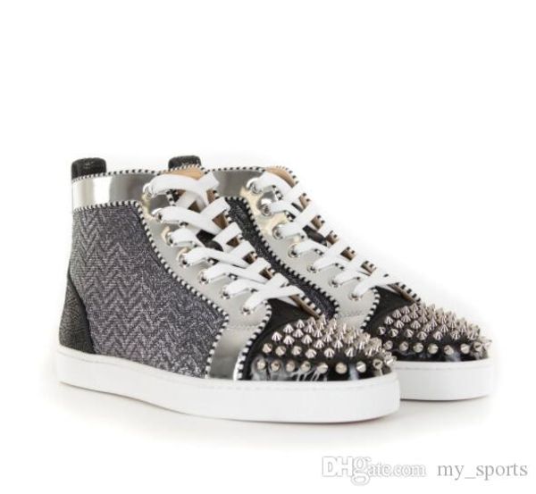 

2019 super quality men luxury shoes red bottom sneaker black and sliver spikes orlato men's flat sneakers grey genuine leather outdoor