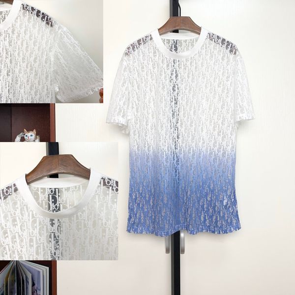

2020 french early spring and summer latest style letter jacquard hollow gradient sky blue t-shirt high-quality european paris men and women, White;black