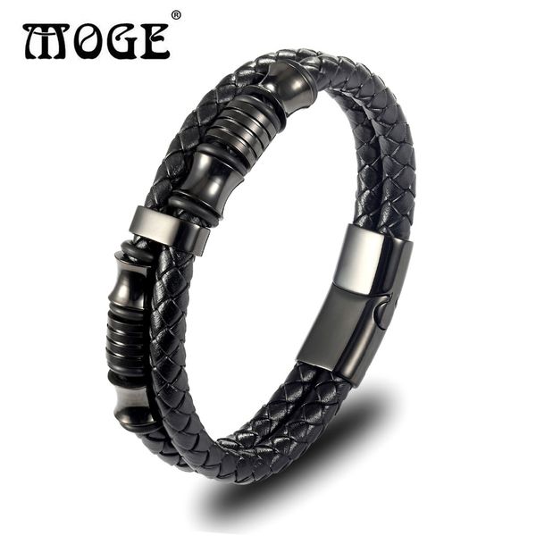 

moge trendy men genuine leather bracelets charm stainless steel black plating leather bracelets&bangles for men bracelets, White