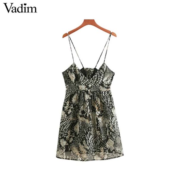 

Vadim snake print sleeveless chiffon mini dress V neck animal pattern straps sashes backless female sexy dresses vestido QA737