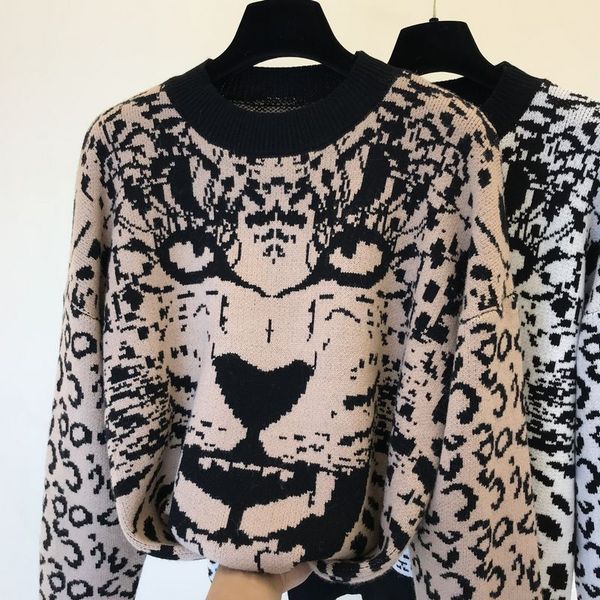 

2020 leopard sweater women knitwear sweater women's autumn new loose bf winter sweater ladies street jumper sweter golf damski, White;black