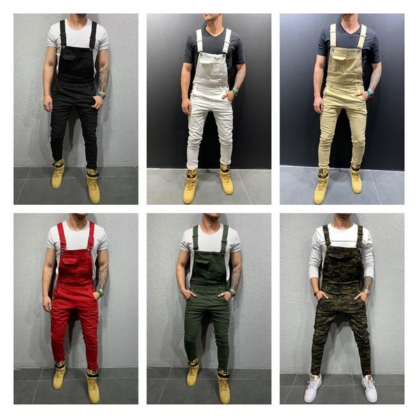 

2019 high street pockets jeans men fashion slim fit denim jumpsuits modish strap overalls casual suspender distressed jeans pant, Blue