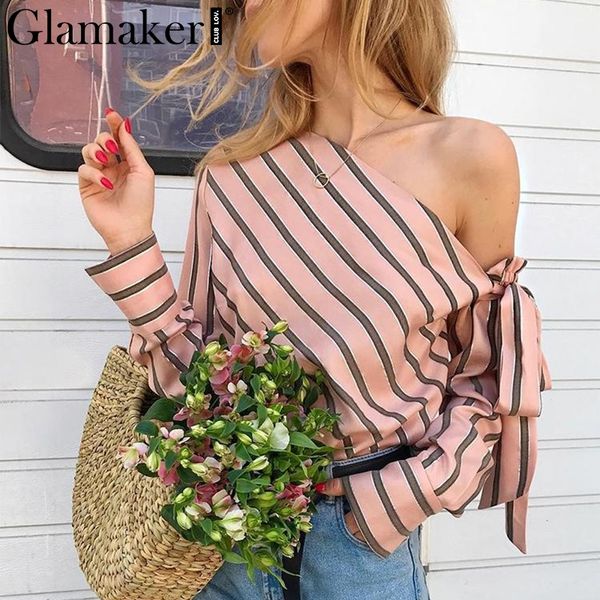 

glamaker striped chiffon one shoulder women blouse shirt summer elegant casual female blouses streetwear blusas shirts, White