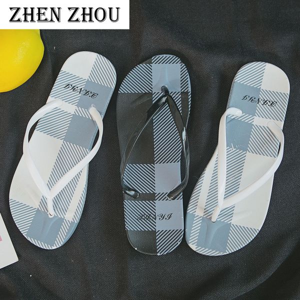 

flip-flop female summer flat small fresh plaid indoor home slippers bathroom slip wear beach sandals and slippers, Black