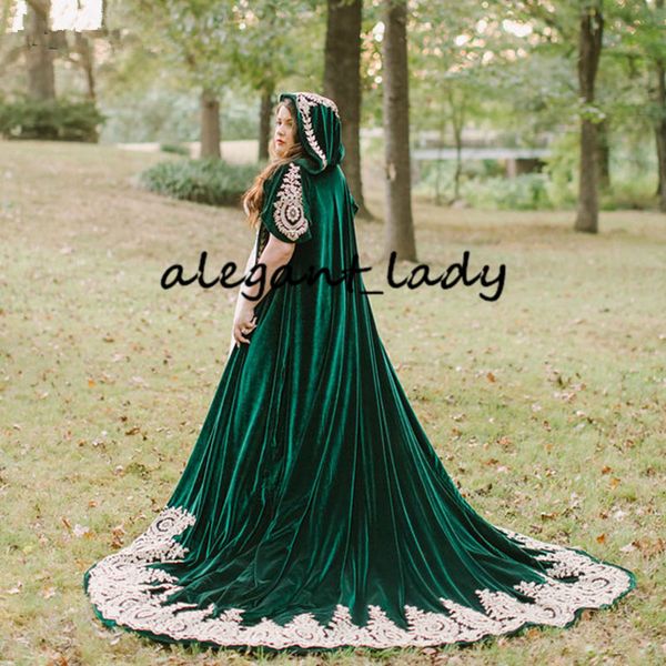 

hunter green velvet wedding cloak 2020 wood hood lace applique long bridal cape bolero wrap wedding accessories, White