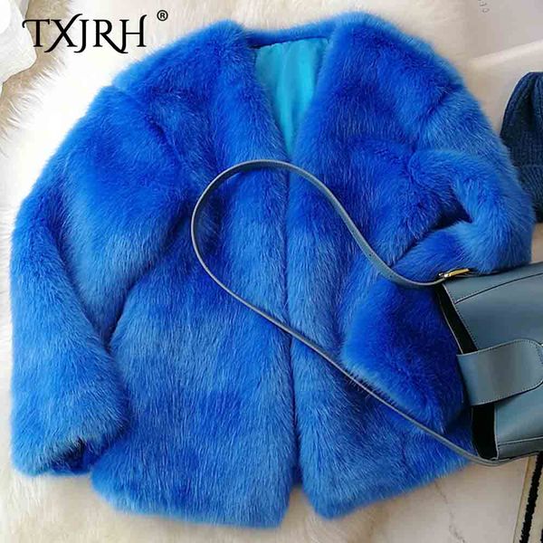 

txjrh stylish winter blue v-neck shaggy hairy faux fur coat vintage korea loose keep warm fur jacket femme 2018 outwear, Black