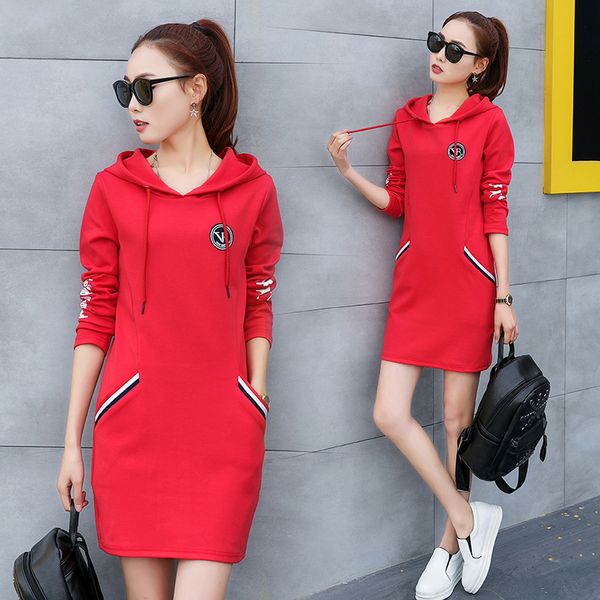

spring mid-length hoodie skirt casual sports versatile pure cotton long-sleeved t-shirt women's slimming body shirt xia, Black;red