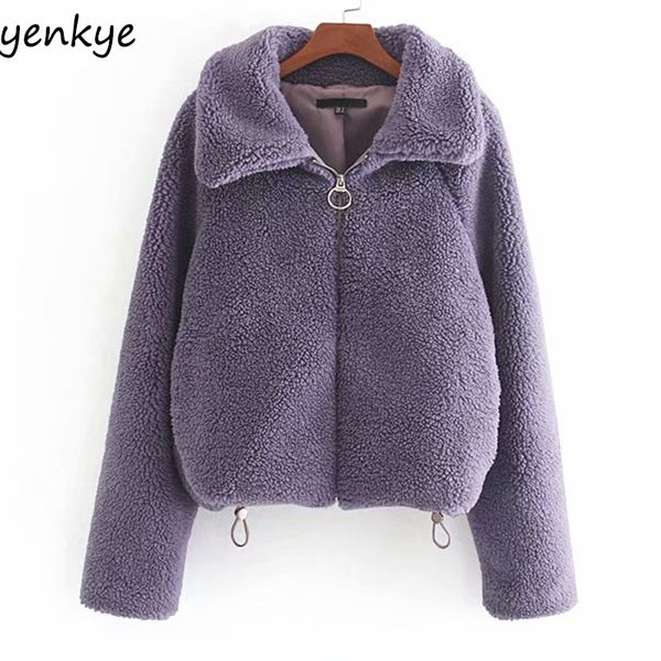 

2019 women solid color faux lambswool jacket femme long sleeve lapel collar casual autumn outerwear plus size chaqueta, Black;brown