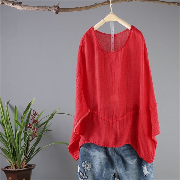 

2019 solid color sparse linen t-shirt loose bat sleeve breathable large size round collar t-shirt, White