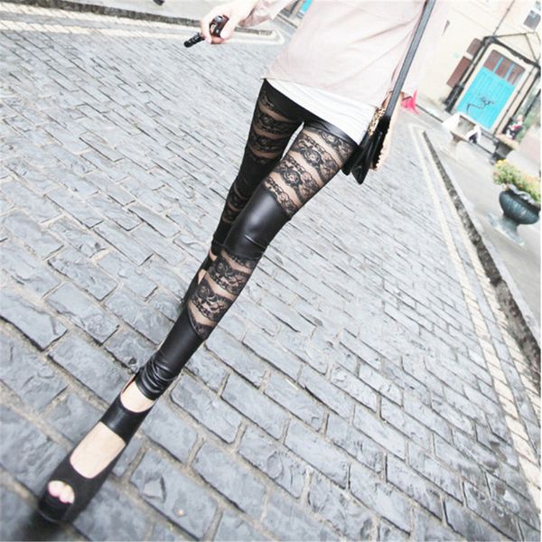 

new splicing lace transparent pure color high waist tight fitting hip lifting leggings harajuku pants women pantalon femme modis, Black;white