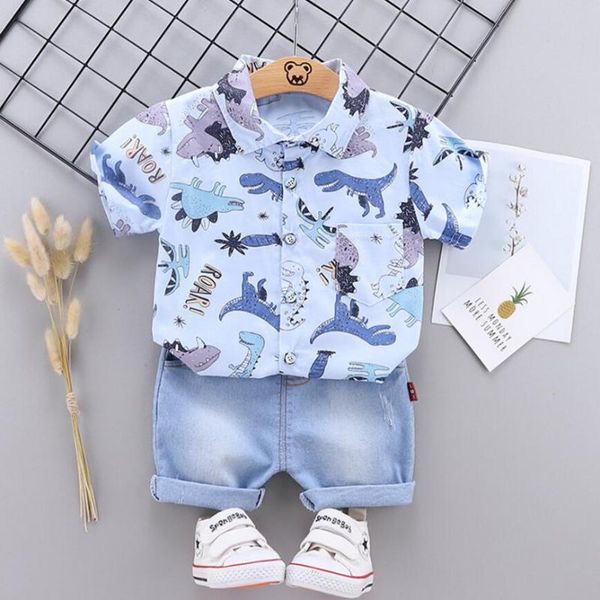 

baby boys clothing sets 2020 summer toddler boys clothes dinosaur shirt+ jeans shorts outfit suit kids casual children clothing, White