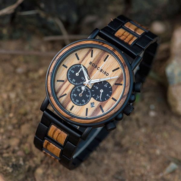 

bobo bird relogio masculino luxury men watch metal wooden chronograph wristwatch quartz timepiece custom christmas gift j-q26, Slivery;brown