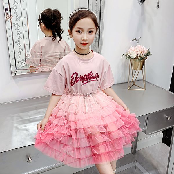 

girl's dresses teen girls layered gradient pink purple cake dress sequined letter print baby princess clothes bow dance 4-14y, Red;yellow