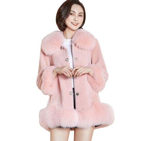 

real fur coat autumn winter jacket women clothes korean vintage fox fur collar sheep shearing pink 100% wool coat zt1279, Black