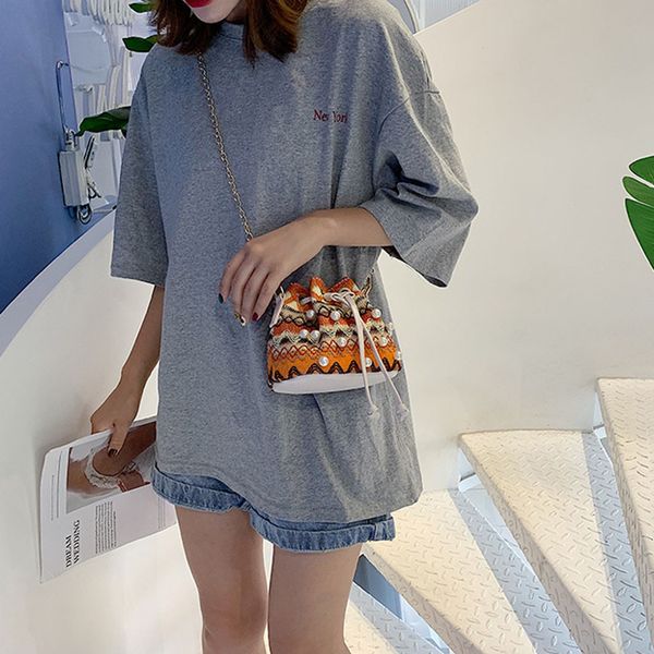 

fashion 2019 casual women's national wind straw bag chain woven shoulder pearl messenger bag shoulder small beach shopping