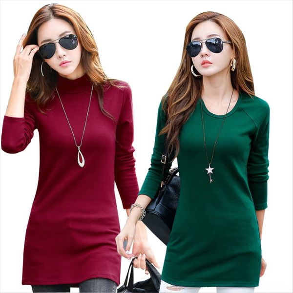 

2019 velvet t- thickened ladies' medium and long t-shirt base shirt long-sleeved round collar all-match top, White