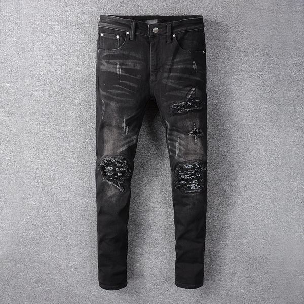 

mens designer jeans black fashion brand washed knee fold hole pu leather stitching patch long denim slim pencil pants fashion trousers, Blue