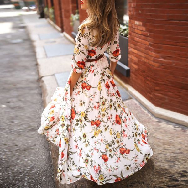 

fashion dresses 2020 printed dress maxi skirt women casual half sleeve boho dresses swing floral-printed holiday maxi, Black;gray