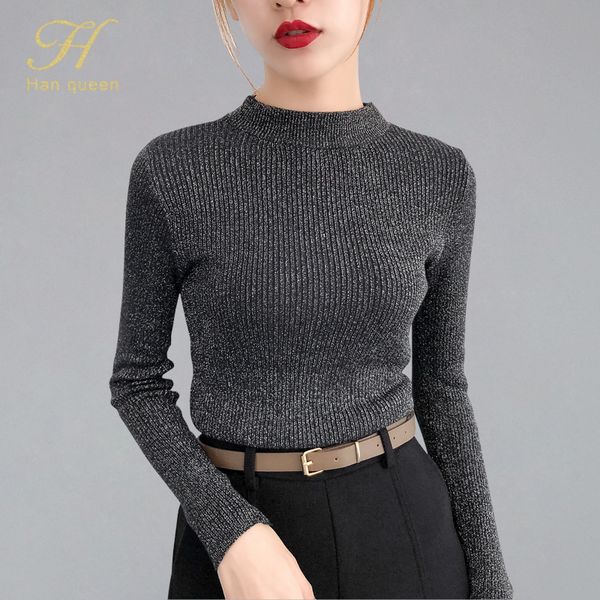 

h han queen new 2019 autumn casual elastic sweater women long sleeve pullover women basic half turtleneck korean knit femme, White;black
