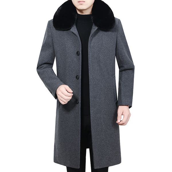 

2020 winter fur collar mens coat wool blends coats for men warm wool jacket solid color luxurious male coat, Black