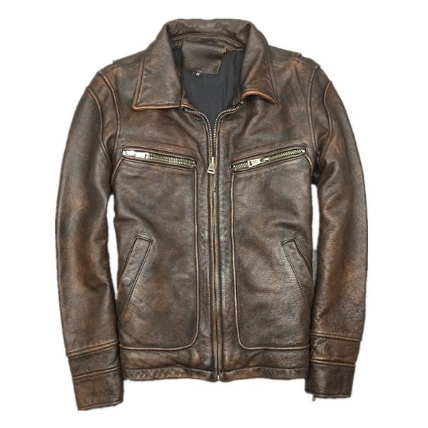 

genuine leather jacket men vintage real 100% natural cow leather jackets coats vintage autumn winter motocycle male plus size, Black