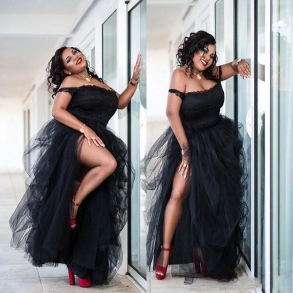 

2020 black plus size prom dresses side split tutu tulle off the shoulder party dresses african evening gowns