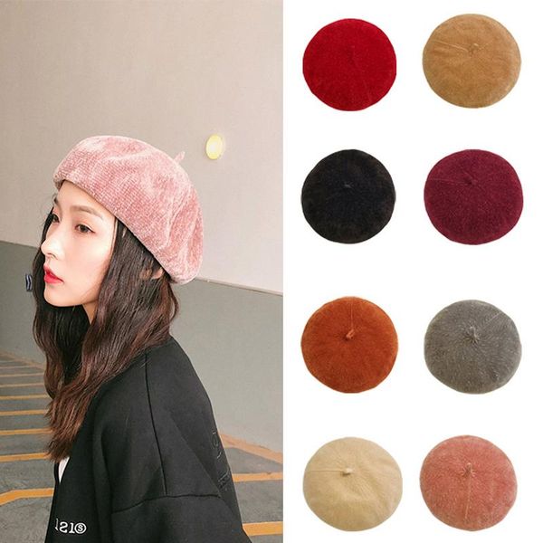 

корейская мода берет синель ткань ретро и элегантный чистый цвет 9 цветов регулируемые классические аксессуары для осени и зимы, Blue;gray